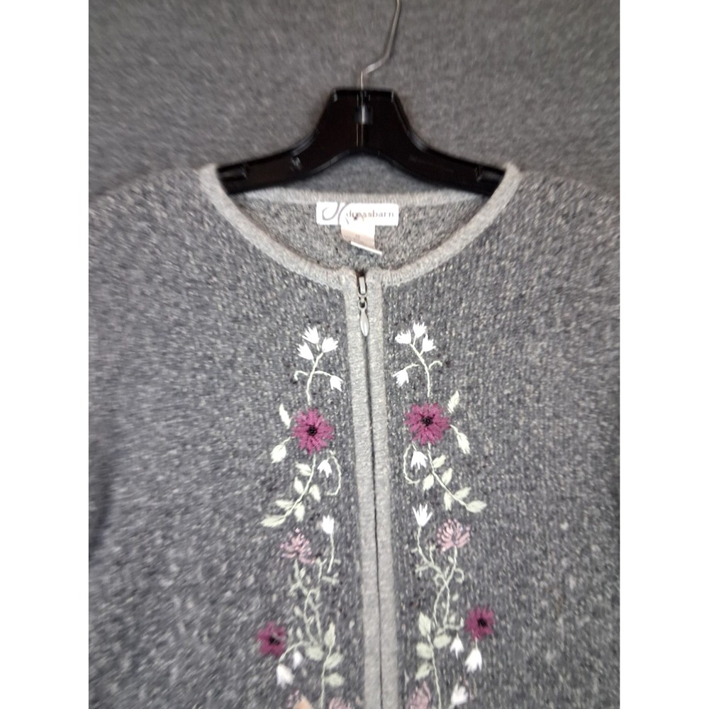 Dressbarn Womens Sweater M Gray Embroidered Floral Silk Angora Zip Granny Luxury